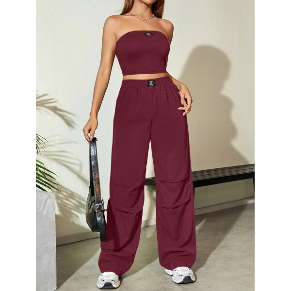 Flirla Conjunto para mujer de 2 piezas suelto y casual de verano: top corto bustier con estampado de letra y pantalones plisados de pierna ancha - Imagen 19
