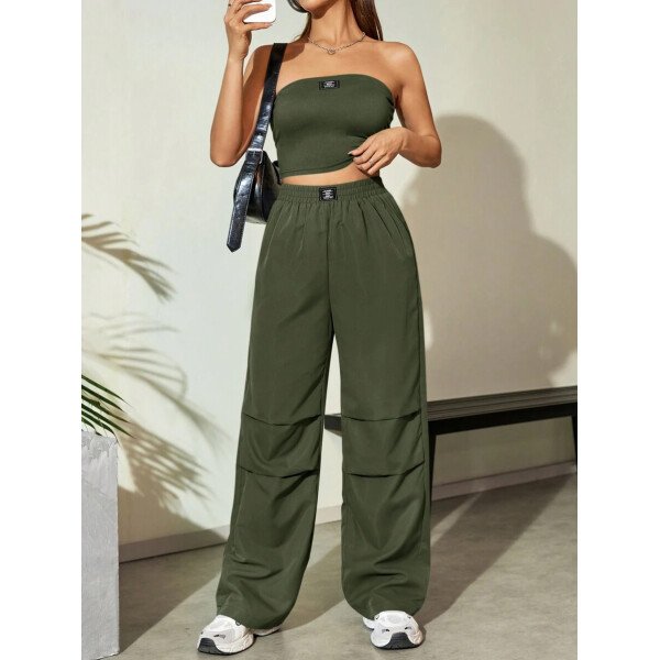 Flirla Conjunto para mujer de 2 piezas suelto y casual de verano: top corto bustier con estampado de letra y pantalones plisados de pierna ancha - Imagen 20