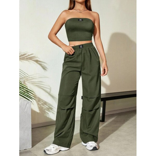 Flirla Conjunto para mujer de 2 piezas suelto y casual de verano: top corto bustier con estampado de letra y pantalones plisados de pierna ancha - Imagen 22