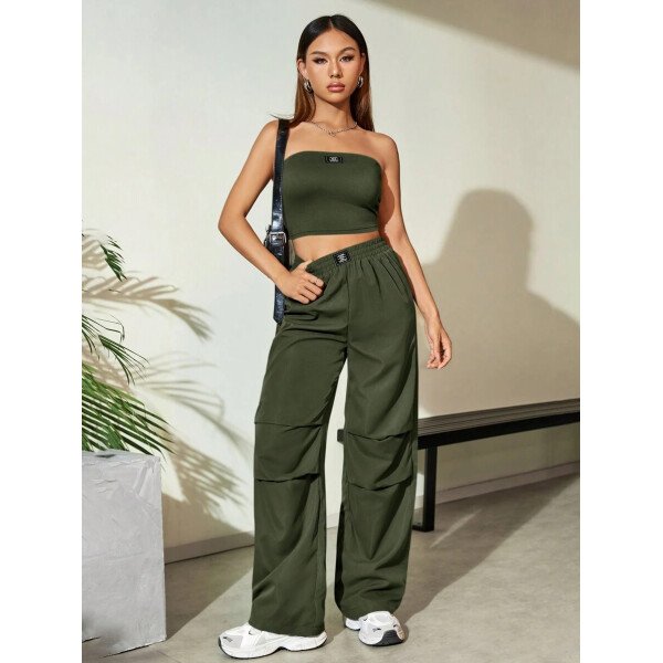 Flirla Conjunto para mujer de 2 piezas suelto y casual de verano: top corto bustier con estampado de letra y pantalones plisados de pierna ancha - Imagen 23