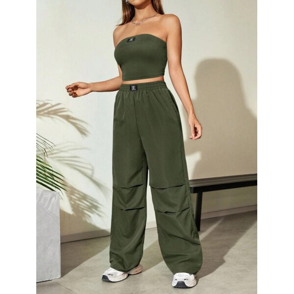 Flirla Conjunto para mujer de 2 piezas suelto y casual de verano: top corto bustier con estampado de letra y pantalones plisados de pierna ancha - Imagen 24
