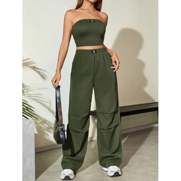 Flirla Conjunto para mujer de 2 piezas suelto y casual de verano: top corto bustier con estampado de letra y pantalones plisados de pierna ancha - Imagen 25