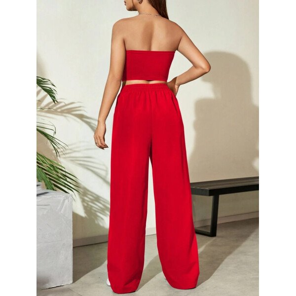 Flirla Conjunto para mujer de 2 piezas suelto y casual de verano: top corto bustier con estampado de letra y pantalones plisados de pierna ancha - Imagen 27