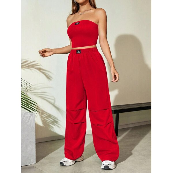 Flirla Conjunto para mujer de 2 piezas suelto y casual de verano: top corto bustier con estampado de letra y pantalones plisados de pierna ancha - Imagen 28