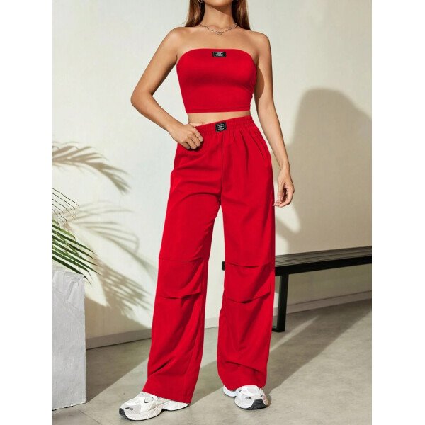 Flirla Conjunto para mujer de 2 piezas suelto y casual de verano: top corto bustier con estampado de letra y pantalones plisados de pierna ancha - Imagen 29