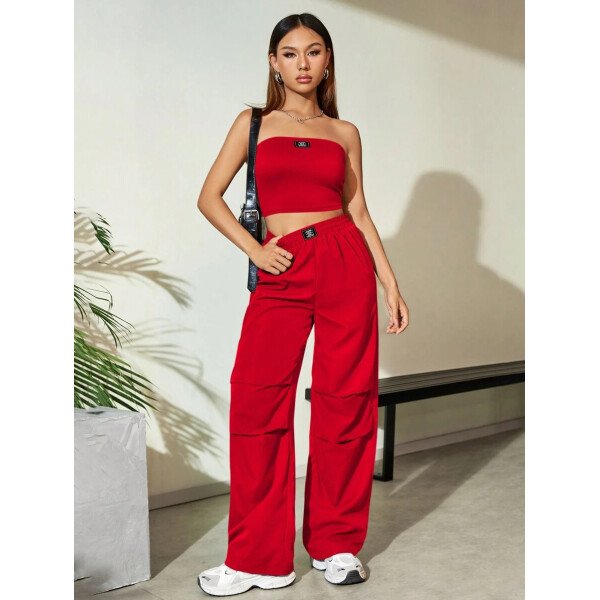 Flirla Conjunto para mujer de 2 piezas suelto y casual de verano: top corto bustier con estampado de letra y pantalones plisados de pierna ancha - Imagen 31