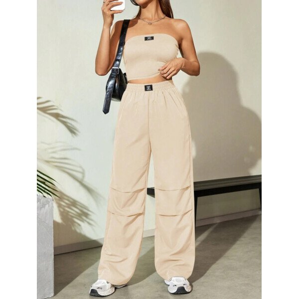 Flirla Conjunto para mujer de 2 piezas suelto y casual de verano: top corto bustier con estampado de letra y pantalones plisados de pierna ancha - Imagen 32