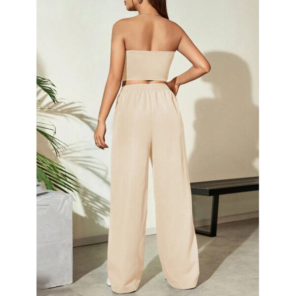 Flirla Conjunto para mujer de 2 piezas suelto y casual de verano: top corto bustier con estampado de letra y pantalones plisados de pierna ancha - Imagen 33