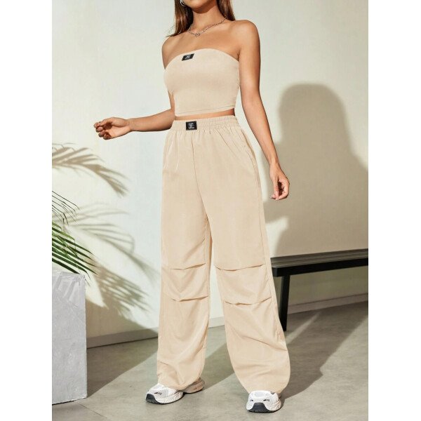 Flirla Conjunto para mujer de 2 piezas suelto y casual de verano: top corto bustier con estampado de letra y pantalones plisados de pierna ancha - Imagen 34