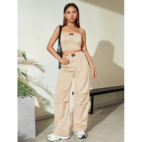 Flirla Conjunto para mujer de 2 piezas suelto y casual de verano: top corto bustier con estampado de letra y pantalones plisados de pierna ancha - Imagen 36