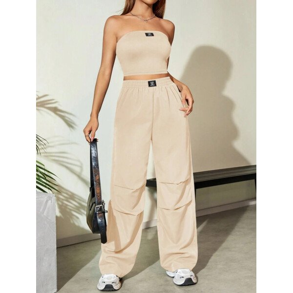 Flirla Conjunto para mujer de 2 piezas suelto y casual de verano: top corto bustier con estampado de letra y pantalones plisados de pierna ancha - Imagen 37