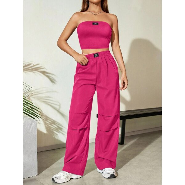 Flirla Conjunto para mujer de 2 piezas suelto y casual de verano: top corto bustier con estampado de letra y pantalones plisados de pierna ancha - Imagen 41
