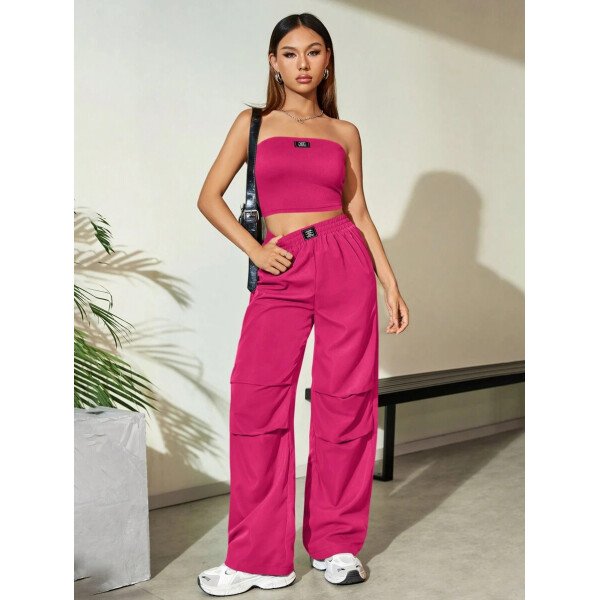 Flirla Conjunto para mujer de 2 piezas suelto y casual de verano: top corto bustier con estampado de letra y pantalones plisados de pierna ancha - Imagen 43