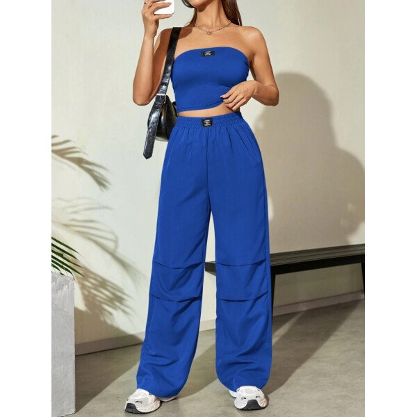 Flirla Conjunto para mujer de 2 piezas suelto y casual de verano: top corto bustier con estampado de letra y pantalones plisados de pierna ancha - Imagen 44