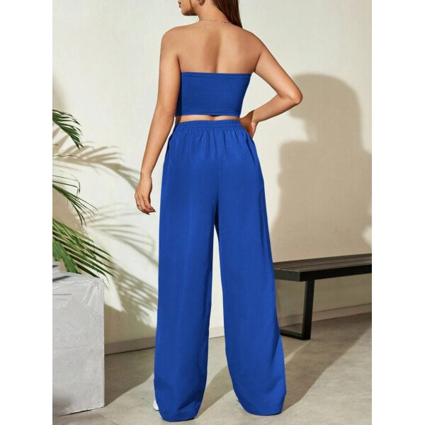 Flirla Conjunto para mujer de 2 piezas suelto y casual de verano: top corto bustier con estampado de letra y pantalones plisados de pierna ancha - Imagen 45