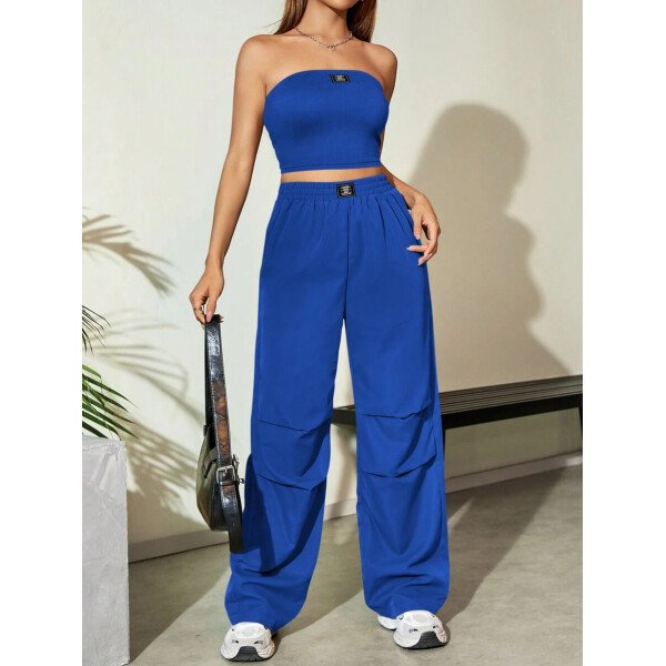 Flirla Conjunto para mujer de 2 piezas suelto y casual de verano: top corto bustier con estampado de letra y pantalones plisados de pierna ancha - Imagen 46