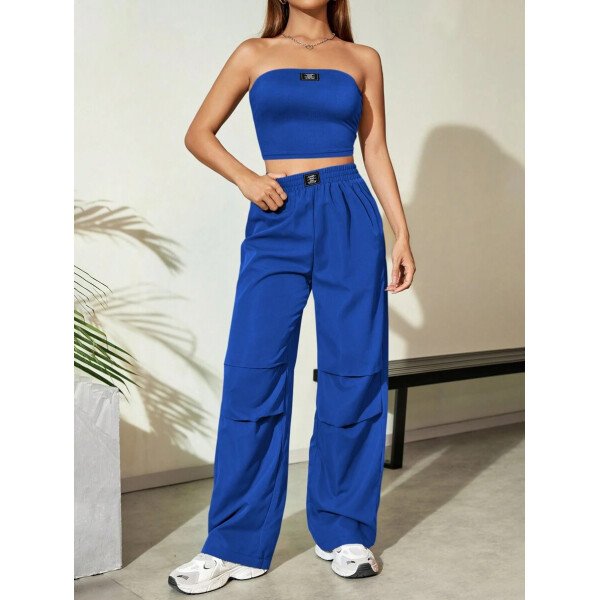 Flirla Conjunto para mujer de 2 piezas suelto y casual de verano: top corto bustier con estampado de letra y pantalones plisados de pierna ancha - Imagen 49
