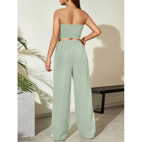 Flirla Conjunto para mujer de 2 piezas suelto y casual de verano: top corto bustier con estampado de letra y pantalones plisados de pierna ancha - Imagen 51