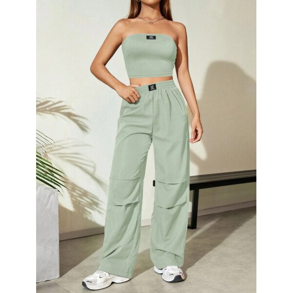 Flirla Conjunto para mujer de 2 piezas suelto y casual de verano: top corto bustier con estampado de letra y pantalones plisados de pierna ancha - Imagen 52