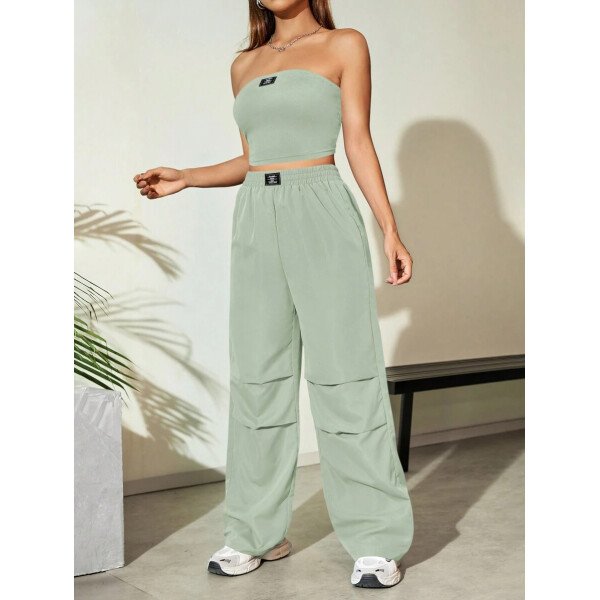 Flirla Conjunto para mujer de 2 piezas suelto y casual de verano: top corto bustier con estampado de letra y pantalones plisados de pierna ancha - Imagen 53