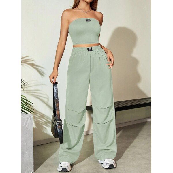 Flirla Conjunto para mujer de 2 piezas suelto y casual de verano: top corto bustier con estampado de letra y pantalones plisados de pierna ancha - Imagen 54