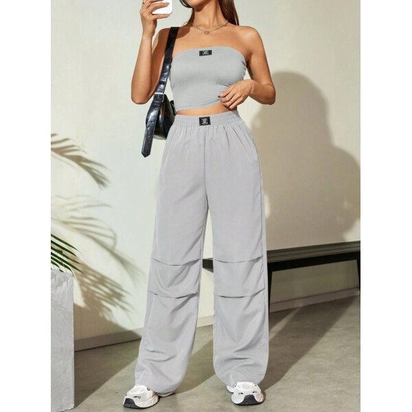 Flirla Conjunto para mujer de 2 piezas suelto y casual de verano: top corto bustier con estampado de letra y pantalones plisados de pierna ancha - Imagen 56