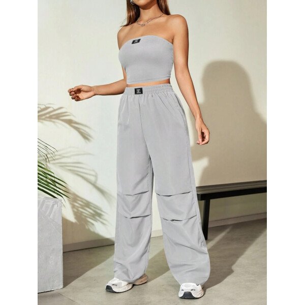 Flirla Conjunto para mujer de 2 piezas suelto y casual de verano: top corto bustier con estampado de letra y pantalones plisados de pierna ancha - Imagen 58
