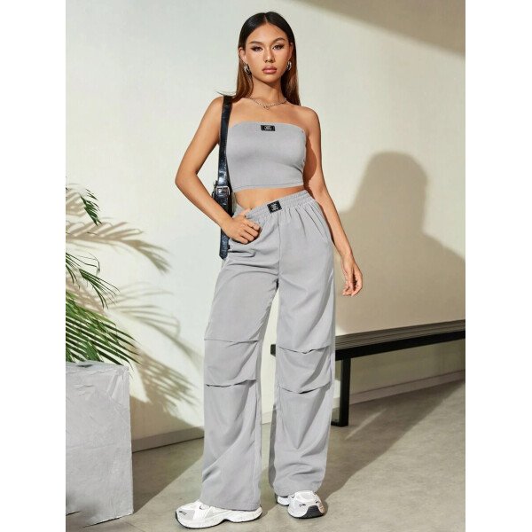 Flirla Conjunto para mujer de 2 piezas suelto y casual de verano: top corto bustier con estampado de letra y pantalones plisados de pierna ancha - Imagen 59