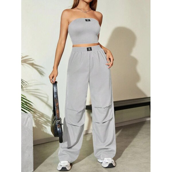 Flirla Conjunto para mujer de 2 piezas suelto y casual de verano: top corto bustier con estampado de letra y pantalones plisados de pierna ancha - Imagen 61