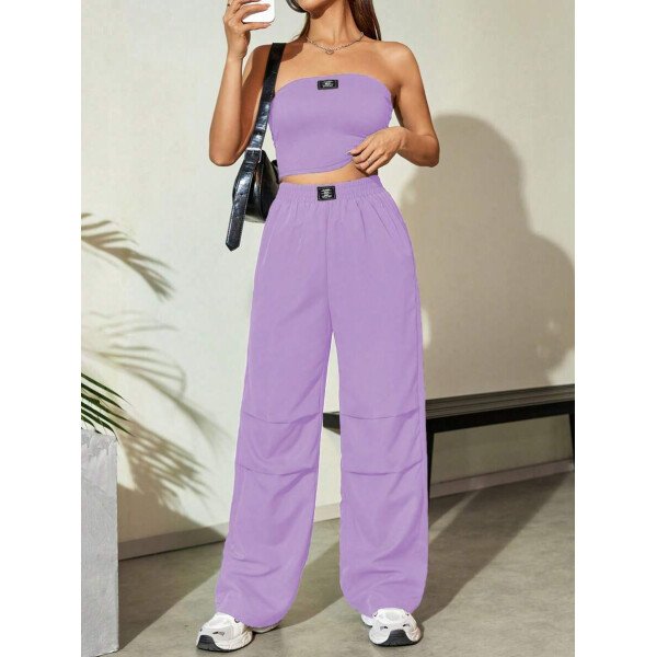 Flirla Conjunto para mujer de 2 piezas suelto y casual de verano: top corto bustier con estampado de letra y pantalones plisados de pierna ancha - Imagen 62