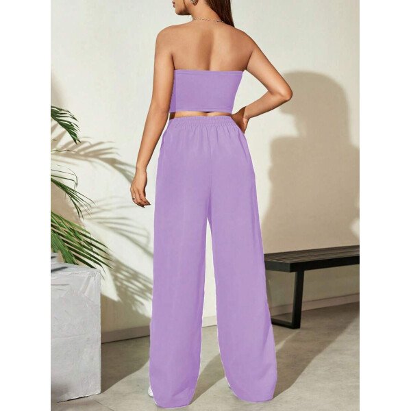 Flirla Conjunto para mujer de 2 piezas suelto y casual de verano: top corto bustier con estampado de letra y pantalones plisados de pierna ancha - Imagen 63