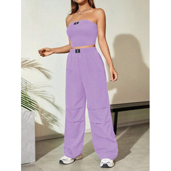 Flirla Conjunto para mujer de 2 piezas suelto y casual de verano: top corto bustier con estampado de letra y pantalones plisados de pierna ancha - Imagen 67
