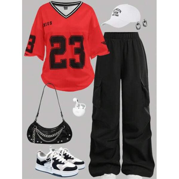 EZwear Conjunto de camiseta y pantalones deportivos informales con diseño de letras para mujer