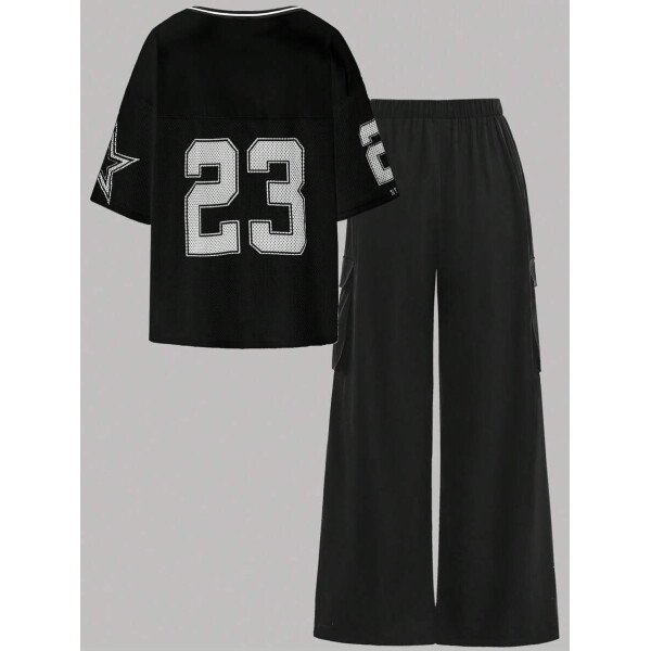 EZwear Conjunto de camiseta y pantalones deportivos informales con diseño de letras para mujer - Imagen 6