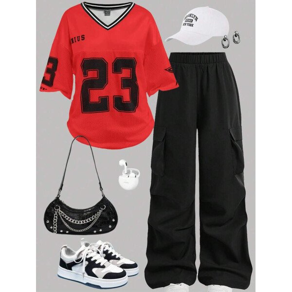 EZwear Conjunto de camiseta y pantalones deportivos informales con diseño de letras para mujer - Imagen 12