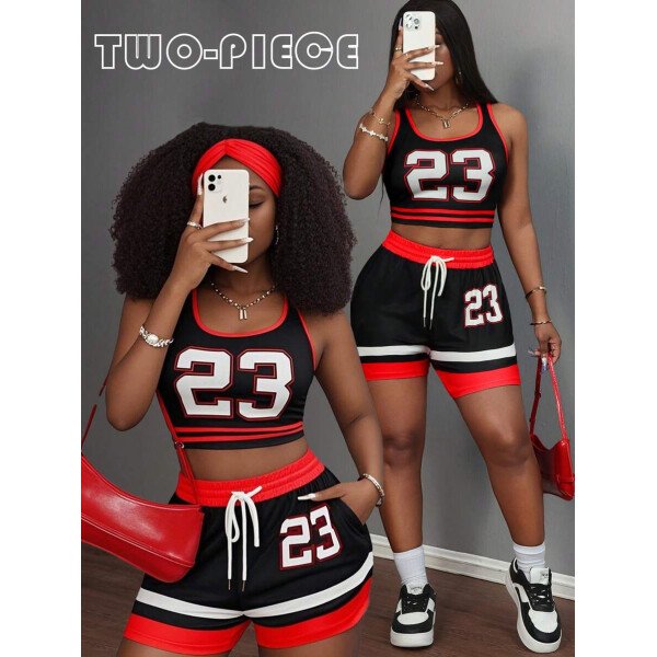 Slaydiva Set de 2 piezas para mujer con camiseta de tirantes de cuello redondo con gráfico Nº 23 y shorts con cordón, conjunto de verano - Imagen 2