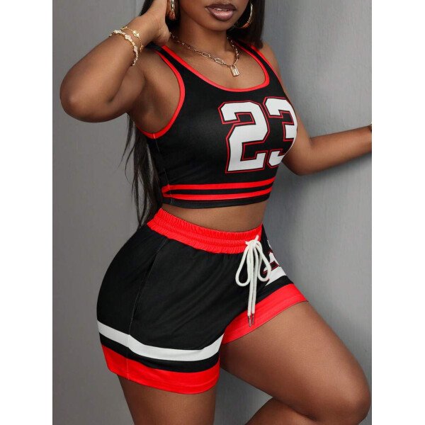 Slaydiva Set de 2 piezas para mujer con camiseta de tirantes de cuello redondo con gráfico Nº 23 y shorts con cordón, conjunto de verano - Imagen 4
