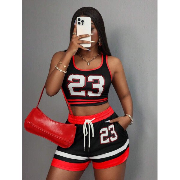 Slaydiva Set de 2 piezas para mujer con camiseta de tirantes de cuello redondo con gráfico Nº 23 y shorts con cordón, conjunto de verano - Imagen 8