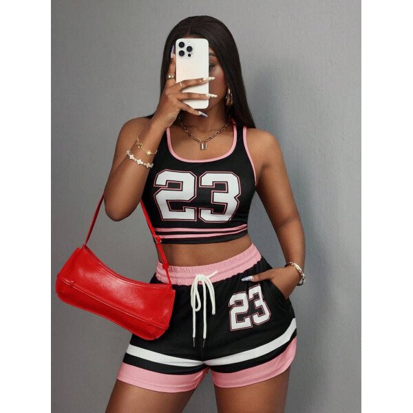 Slaydiva Set de 2 piezas para mujer con camiseta de tirantes de cuello redondo con gráfico Nº 23 y shorts con cordón, conjunto de verano - Imagen 16