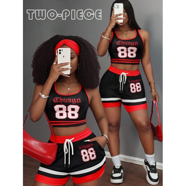 Slaydiva Set de 2 piezas para mujer con camiseta de tirantes de cuello redondo con gráfico Nº 23 y shorts con cordón, conjunto de verano - Imagen 27