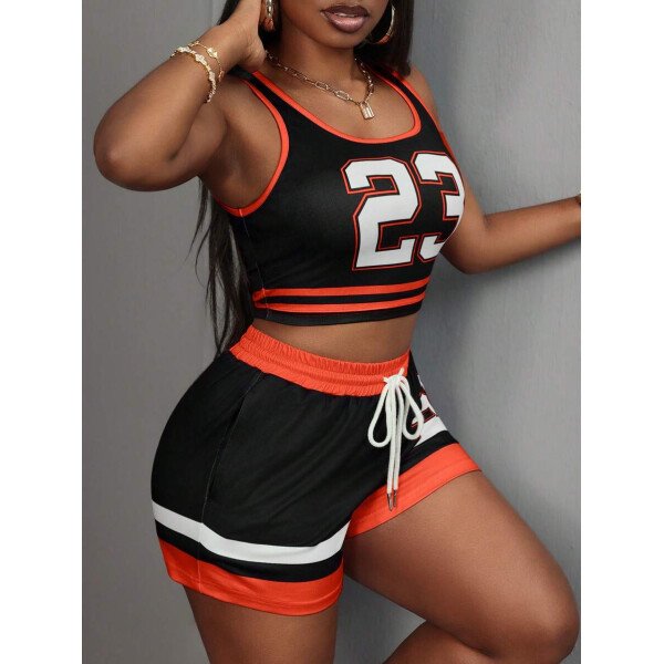 Slaydiva Set de 2 piezas para mujer con camiseta de tirantes de cuello redondo con gráfico Nº 23 y shorts con cordón, conjunto de verano - Imagen 39