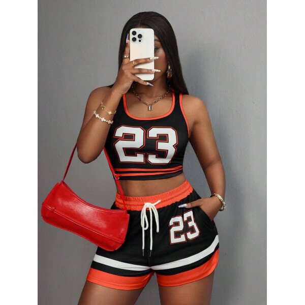 Slaydiva Set de 2 piezas para mujer con camiseta de tirantes de cuello redondo con gráfico Nº 23 y shorts con cordón, conjunto de verano - Imagen 42