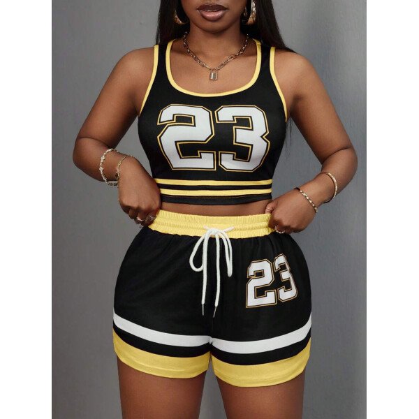 Slaydiva Set de 2 piezas para mujer con camiseta de tirantes de cuello redondo con gráfico Nº 23 y shorts con cordón, conjunto de verano - Imagen 45