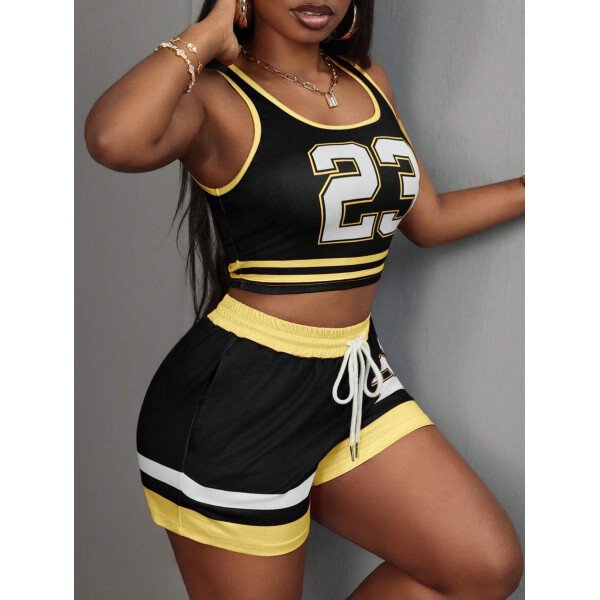 Slaydiva Set de 2 piezas para mujer con camiseta de tirantes de cuello redondo con gráfico Nº 23 y shorts con cordón, conjunto de verano - Imagen 47