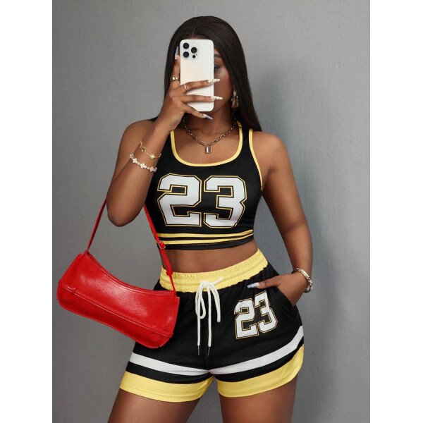 Slaydiva Set de 2 piezas para mujer con camiseta de tirantes de cuello redondo con gráfico Nº 23 y shorts con cordón, conjunto de verano - Imagen 50