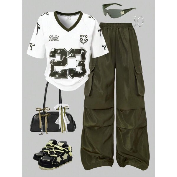 SHEIN Set de 2 piezas de niña preadolescente con camiseta de manga raglán con gráfico al estilo estadounidense y pantalones cargo con bolsillo con aplicación - Image 2