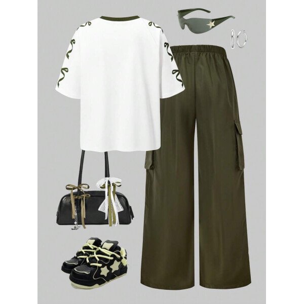 SHEIN Set de 2 piezas de niña preadolescente con camiseta de manga raglán con gráfico al estilo estadounidense y pantalones cargo con bolsillo con aplicación - Image 3