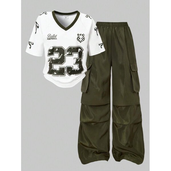SHEIN Set de 2 piezas de niña preadolescente con camiseta de manga raglán con gráfico al estilo estadounidense y pantalones cargo con bolsillo con aplicación - Image 4