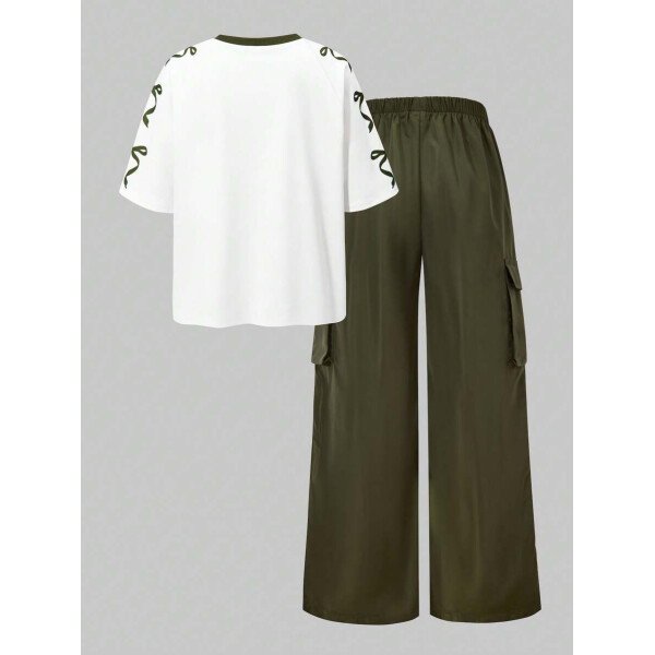 SHEIN Set de 2 piezas de niña preadolescente con camiseta de manga raglán con gráfico al estilo estadounidense y pantalones cargo con bolsillo con aplicación - Image 5