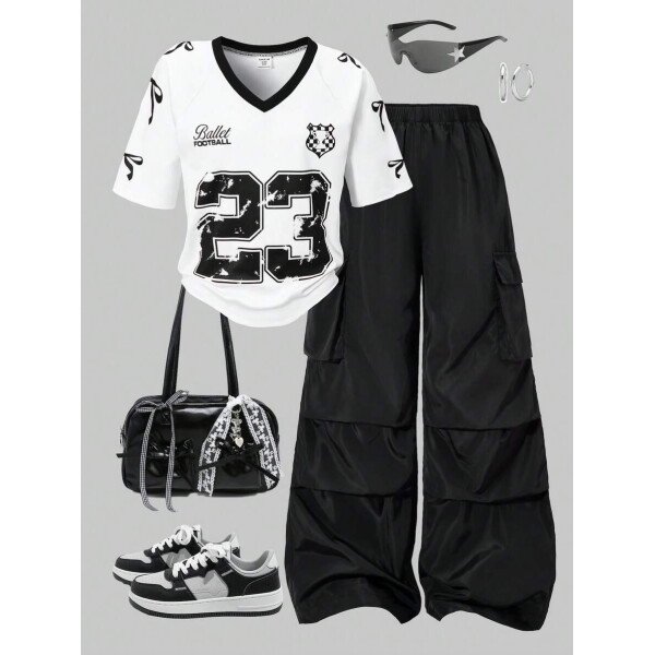 SHEIN Set de 2 piezas de niña preadolescente con camiseta de manga raglán con gráfico al estilo estadounidense y pantalones cargo con bolsillo con aplicación - Image 10